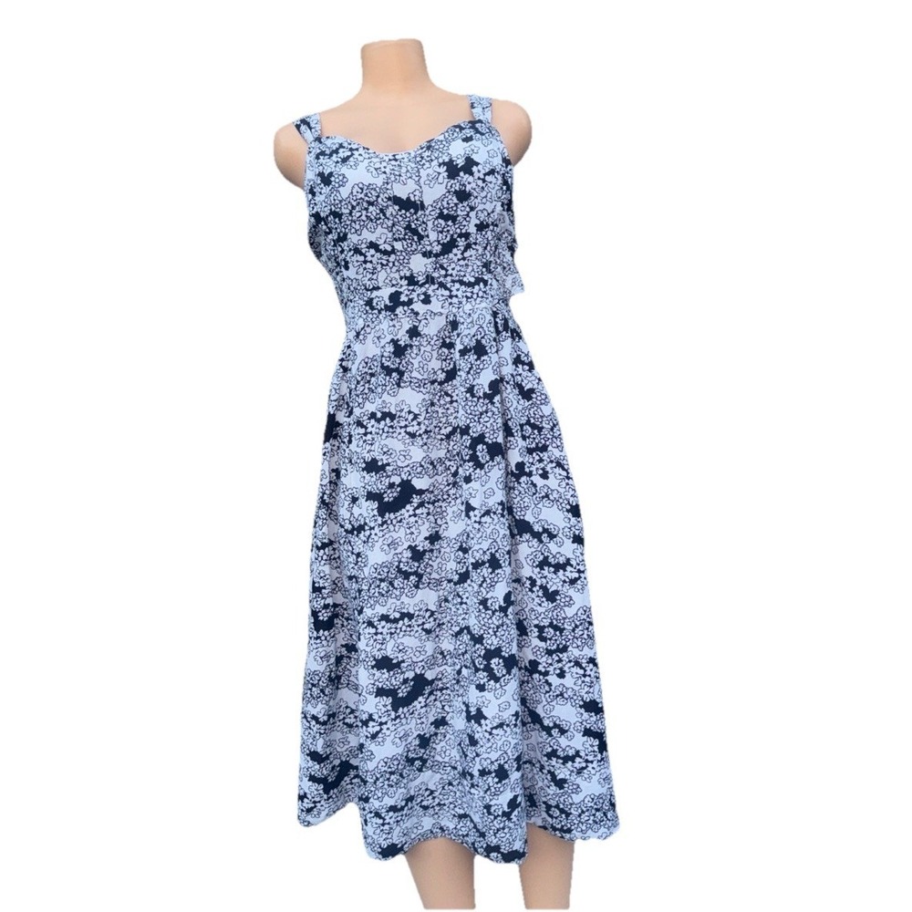 Anthropologie Black White Floral Cutout Back Midi Dress MP Large Petite